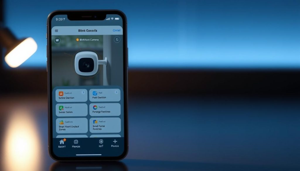 A detailed, sleek interface of the Blink Outdoor 4 Floodlight Cam app, showcasing its smart home integration features. The foreground displays the app's main dashboard, with intuitive icons and controls for configuring the camera, setting motion detection zones, and managing smart home routines. The middle ground reveals a 3D rendered model of the Blink Outdoor 4 Floodlight Cam, highlighting its modern, minimalist design. The background subtly hints at a connected smart home ecosystem, with subtle IoT icons and gradients. Soft, directional lighting accentuates the app's clean, user-friendly layout, creating an atmosphere of technological sophistication and ease of use. A detailed, sleek interface of the Blink Outdoor 4 Floodlight Cam app, showcasing its smart home integration features. The foreground displays the app's main dashboard, with intuitive icons and controls for configuring the camera, setting motion detection zones, and managing smart home routines. The middle ground reveals a 3D rendered model of the Blink Outdoor 4 Floodlight Cam, highlighting its modern, minimalist design. The background subtly hints at a connected smart home ecosystem, with subtle IoT icons and gradients. Soft, directional lighting accentuates the app's clean, user-friendly layout, creating an atmosphere of technological sophistication and ease of use.