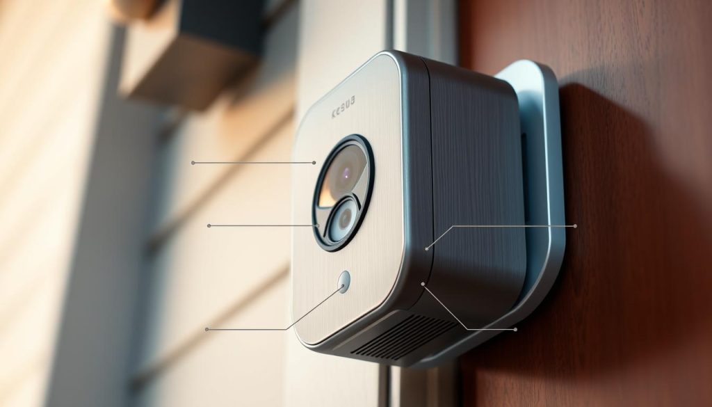 A high-quality, detailed video doorbell in a sleek, modern design. The device is mounted on a house's exterior, showcasing its various components from a side-angle perspective. The front camera lens is prominently featured, along with the motion sensor, speaker, and status LED. The doorbell's body has a clean, minimalist aesthetic with a brushed metal finish. Soft, directional lighting illuminates the doorbell, creating a warm, inviting atmosphere. The image captures the device's functionality and premium build quality, highlighting its key features for enhanced home security and convenience.