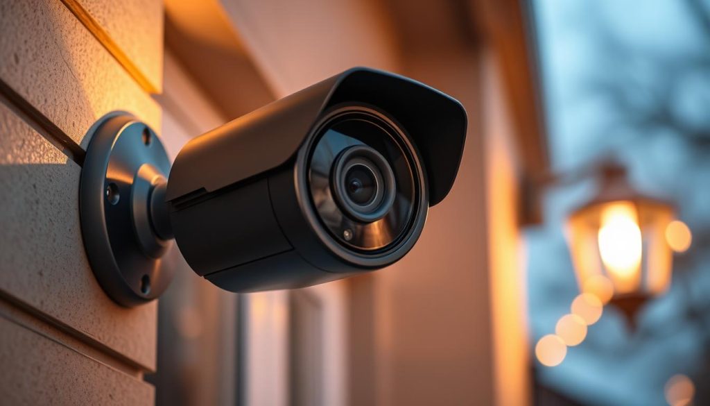 A high-resolution 4K security camera mounted on a metal spotlight housing, positioned on an exterior wall with a clear view of the surrounding area. The camera lens is sharply in focus, while the background is slightly blurred, creating a sense of depth. Warm LED lights around the camera illuminate the scene, casting a soft glow. The camera's casing has a sleek, modern design with clean lines and a matte black finish, conveying a sense of quality and durability. The overall mood is one of vigilance and security, making this an ideal choice for home protection.
