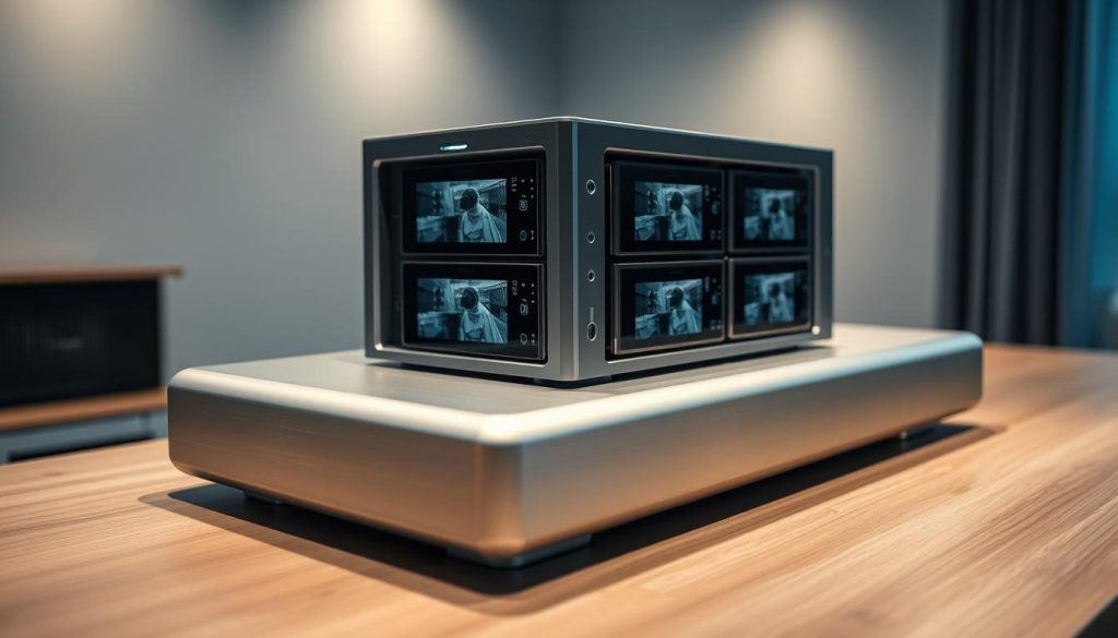 A high-tech security camera storage unit rests on a sleek, polished desk. The unit features multiple storage bays, each with a touchscreen display showing footage from connected cameras. Soft, ambient lighting illuminates the scene, creating a modern, sophisticated atmosphere. The camera angles are carefully selected to showcase the unit's streamlined design and intuitive user interface. Cutting-edge materials, such as brushed aluminum and tempered glass, give the storage unit a premium, futuristic appearance. The overall composition emphasizes the seamless integration of technology and security, inviting the viewer to envision a smart, efficient home surveillance system.