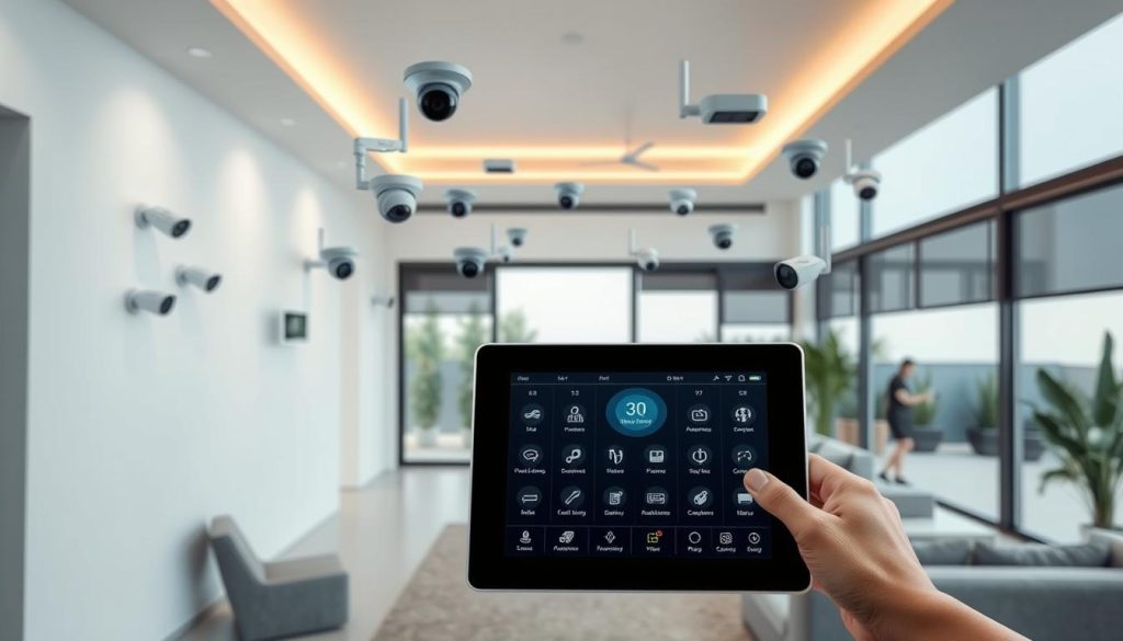 A modern, minimalist interior showcasing an interconnected smart home security system. In the foreground, a sleek touch panel displays a user interface for controlling various security features. In the middle ground, an array of discreet, flush-mounted cameras and sensors are seamlessly integrated into the walls and ceilings, blending with the decor. The background reveals a panoramic view of the home through large windows, with smart lighting and automated shades creating a warm, balanced ambiance. The scene conveys a sense of advanced technology harmoniously woven into a sophisticated living space.