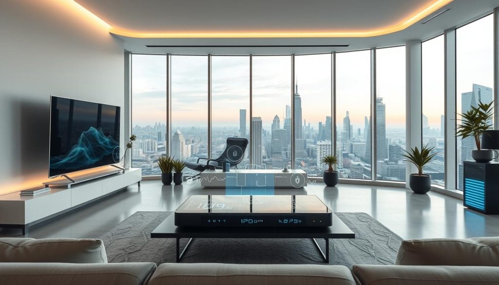 A modern, minimalist living room filled with cutting-edge smart home technology. In the foreground, a sleek, 8K OLED television plays seamless AI-powered content. On the coffee table, a touchscreen smart hub controls lighting, climate, security, and entertainment. Floating holographic displays showcase real-time data and customizable smart home settings. In the background, subtle ambient lighting and hidden speakers create an immersive, futuristic atmosphere. Large windows offer a panoramic view of a bustling, high-tech cityscape. The scene conveys a sense of effortless convenience and intelligent automation, reflecting the advancements of smart home technology in the year 2025.