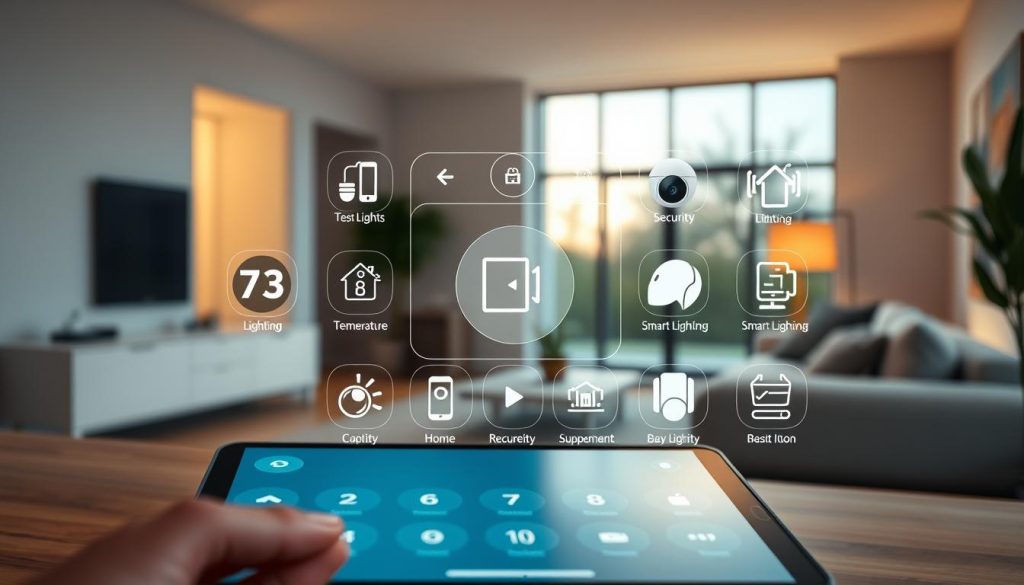 A modern, minimalist smart home app interface with intuitive controls for lighting, temperature, security, and home automation. The foreground features a sleek, high-resolution touchscreen display with clean, responsive icons and graphics. The middle ground showcases various smart home devices such as a thermostat, security camera, and smart lighting, all seamlessly integrated into the app. The background depicts a contemporary, well-lit living space with large windows, accentuating the app's integration with the home environment. The overall mood is one of convenience, efficiency, and sophisticated home technology.