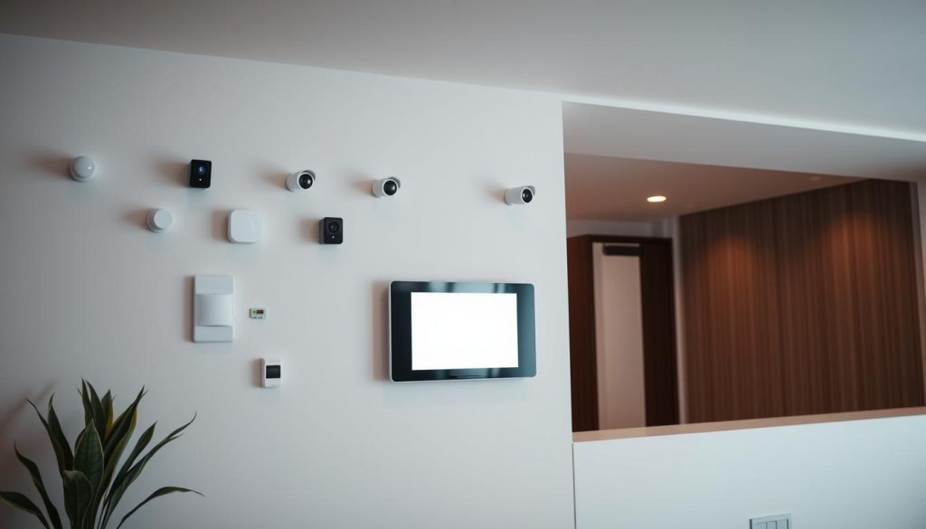 A modern, minimalist smart home security system. A sleek, wall-mounted control panel with a large, backlit display sits in the foreground, surrounded by an array of discreet sensor nodes and cameras blending seamlessly into the background. Subtle ambient lighting illuminates the space, casting a warm glow. The overall aesthetic is clean, sophisticated, and reassuring, conveying a sense of advanced technology harmoniously integrated into the home environment. High-contrast shadows and highlights create depth and dimensionality, while a slightly muted color palette lends an air of understated professionalism. The entire scene projects an impression of both enhanced security and aesthetic harmony.