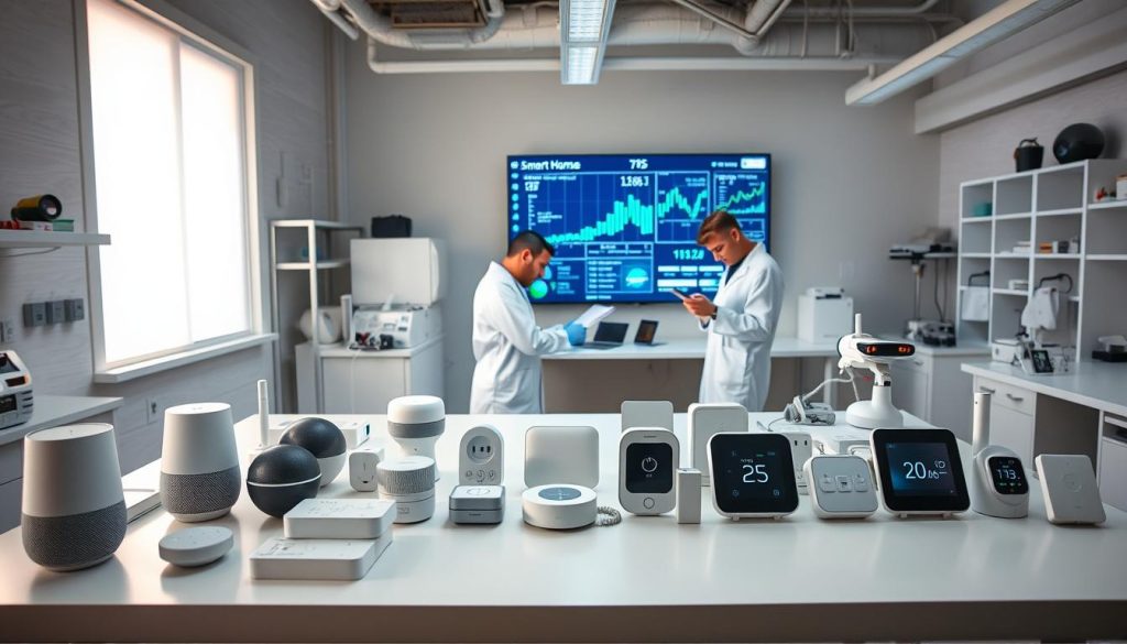 A modern, well-equipped home laboratory, bathed in soft, diffused lighting. In the foreground, an array of smart home devices - voice assistants, security cameras, smart plugs, and thermostats - arranged neatly on a sleek, minimalist workbench. In the middle ground, engineers in white lab coats carefully testing and evaluating each device, making precise measurements and observations. The background features a large display screen showing real-time data and performance metrics, creating a sense of scientific rigor and technological sophistication. The overall atmosphere conveys a balance of professionalism and innovation, reflecting the diligent testing methodology applied to these smart home products.