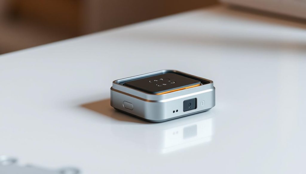 A quick release battery pack for a sleek and modern doorbell, sitting on a clean, minimalist surface. The pack has a smooth, metallic finish with a compact, streamlined design, showcasing its efficient and discreet power source. Warm, soft lighting emanates from the pack, highlighting its intuitive controls and connectivity features. The overall scene conveys a sense of effortless home security and convenience, perfectly complementing the doorbell's intelligent functionality.