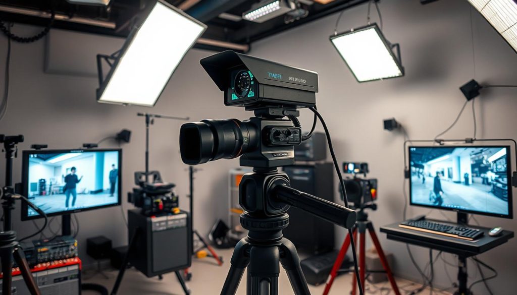 A security camera setup undergoing rigorous performance testing in a well-lit, controlled environment. The camera is mounted on a sturdy tripod, capturing a variety of scenes and subjects with precision. The surrounding area is clean and organized, with various testing equipment and measurement tools arranged neatly. Powerful studio lighting illuminates the scene, casting sharp shadows and highlighting the camera's advanced sensors and lenses. The atmosphere is one of meticulous attention to detail, as technicians monitor the camera's output on multiple screens, meticulously analyzing its capabilities in real-world scenarios.