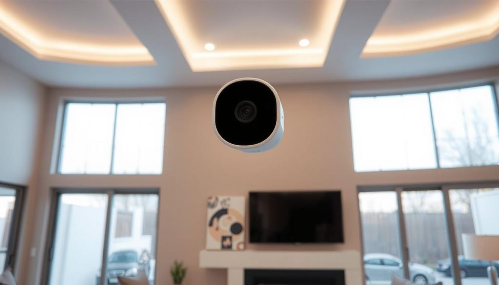 A sleek and modern Google Nest Cam (2nd-Gen) security camera, mounted on a neutral-toned living room wall, capturing a wide, crystal-clear view of the room and exterior patio through large panoramic windows. The camera casing has a minimalist, unobtrusive design, blending seamlessly with the room's decor. Soft, indirect lighting from recessed ceiling fixtures creates a warm, inviting ambiance, while the camera's intuitive interface and smart home integration features are subtly hinted at. The image conveys a sense of confidence in the Nest Cam's reliable performance, versatility, and seamless integration into a modern, connected home.