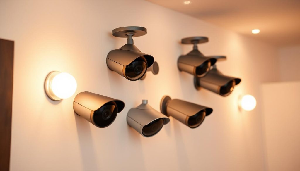 A sleek array of modern smart home security cameras mounted on a minimalist white wall, their precision lenses and advanced sensors capturing every detail with crystal clarity. The cameras are arranged in an orderly, symmetrical pattern, conveying a sense of technological sophistication and reliability. Warm, diffused lighting illuminates the scene, creating a welcoming and secure atmosphere. The cameras' black and silver finishes blend seamlessly with the clean, contemporary decor, highlighting their discreet integration into the smart home environment. An air of vigilance and protection permeates the scene, reflecting the crucial role these cameras play in safeguarding the home.