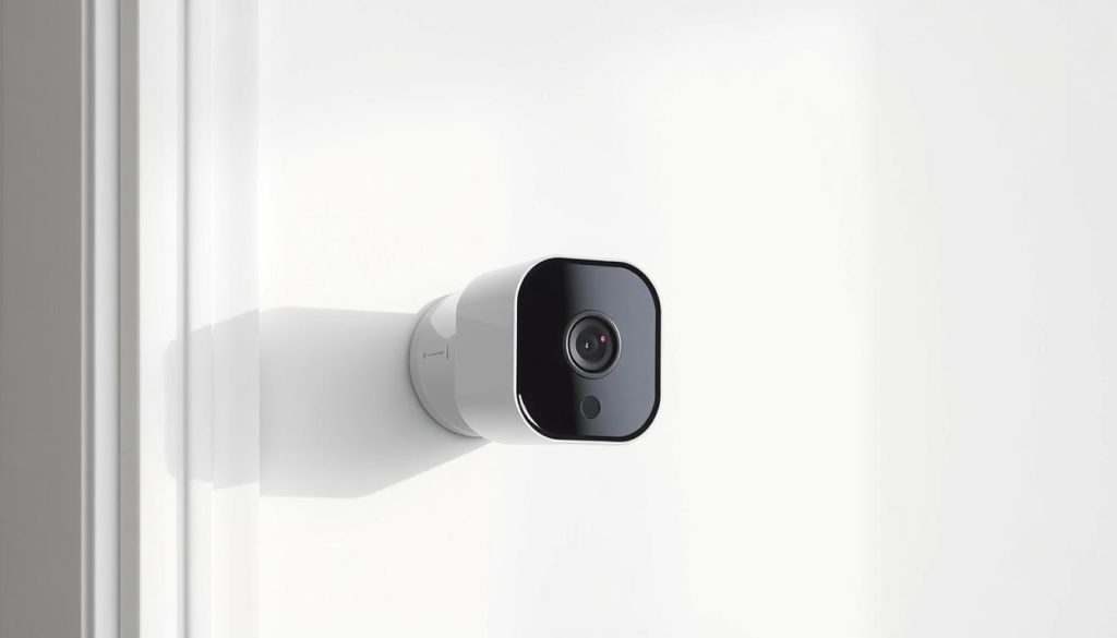 A sleek, contemporary Arlo Pro 5S security camera mounted on a white wall, bathed in soft, even lighting. The camera's smooth, minimalist design features a compact, angular body with a glossy black finish and a prominent, high-resolution lens protruding from the center. Subtle indicator lights and a discreet microphone add to the camera's sophisticated, high-tech appearance. The scene conveys a sense of modern, reliable home security, with the Arlo Pro 5S prominently showcased as the centerpiece of the image.