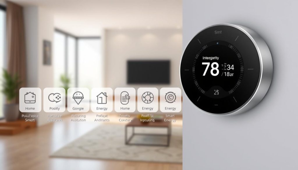 A sleek, minimalist smart thermostat display in the foreground, showcasing a clean user interface with intuitive touch controls and a large, high-resolution display. In the middle ground, various smart home integration icons, depicting compatibility with popular voice assistants, home automation systems, and energy-saving features. The background features a modern, well-lit interior design with neutral tones and clean lines, emphasizing the thermostat's seamless integration into a contemporary living space. The overall scene conveys a sense of sophisticated technology, energy efficiency, and user-friendliness. A sleek, minimalist smart thermostat display in the foreground, showcasing a clean user interface with intuitive touch controls and a large, high-resolution display. In the middle ground, various smart home integration icons, depicting compatibility with popular voice assistants, home automation systems, and energy-saving features. The background features a modern, well-lit interior design with neutral tones and clean lines, emphasizing the thermostat's seamless integration into a contemporary living space. The overall scene conveys a sense of sophisticated technology, energy efficiency, and user-friendliness.
