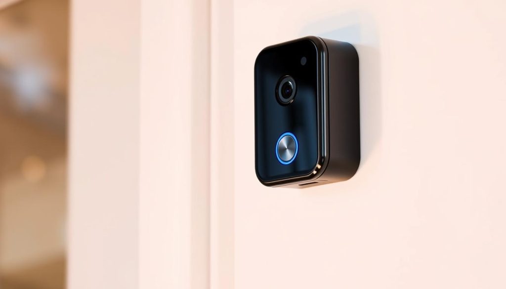 A sleek, modern Google Nest Doorbell battery camera mounted on a bright white wall, its polished black finish gleaming under soft, warm lighting. The device's sharp, angular silhouette commands attention, seamlessly blending into the contemporary home exterior. The camera lens peers outward, ready to capture crisp, high-definition video of visitors. The doorbell button glows subtly, inviting interaction. The scene conveys a sense of advanced security and convenience, perfectly suited for the "Best Video Doorbell Camera: Google Nest Doorbell (Battery)" section.