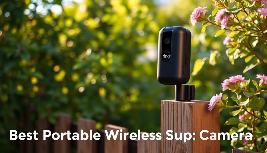 A sleek, modern Ring Stick Up Cam Pro outdoor security camera, mounted on a wooden fence post in a well-lit garden setting. The camera has a smooth, matte black finish and a discreet, low-profile design. It is positioned at eye level, capturing a wide, panoramic view of the surrounding area. Lush greenery and flowers frame the camera, creating a serene, nature-inspired atmosphere. Soft, diffused natural lighting illuminates the scene, casting warm shadows and highlights across the camera's surface. The image conveys a sense of security and protection, making it an ideal visual representation for the "Best Portable Wireless Camera: Ring Stick Up Cam Pro" section of the article.