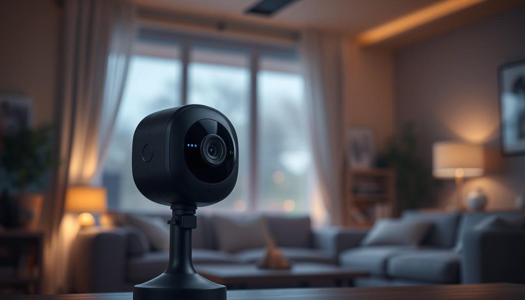 A sleek, modern cellular security camera standing prominently against a dimly lit, cozy home interior. The Eufy 4G Starlight S230 is meticulously detailed, its matte black finish accentuated by gentle starlight illumination. Precision-crafted with a high-quality glass lens, the camera exudes an aura of quality and advanced surveillance technology. In the background, a warm, inviting living room sets the mood, hinting at the camera's ability to provide reliable security even in remote areas. The composition emphasizes the camera's compact, streamlined design and its integration into a comfortable, domestic environment.