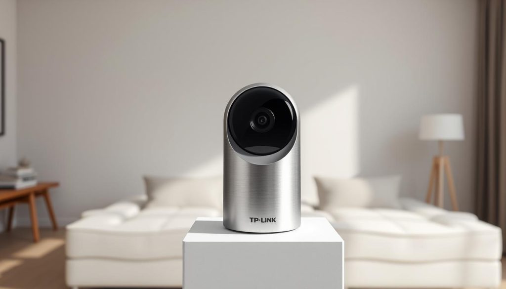A sleek, modern security camera with a brushed metal finish sits atop a minimalist white stand, bathed in soft, diffused lighting. The camera lens is positioned at a slight angle, capturing a wide, high-definition view of the room. In the background, a simple, uncluttered interior design with neutral tones creates a sense of sophistication and practicality. The TP-Link Tapo C210 exudes a discreet, professional presence, blending seamlessly into any home decor while providing reliable, budget-friendly security.