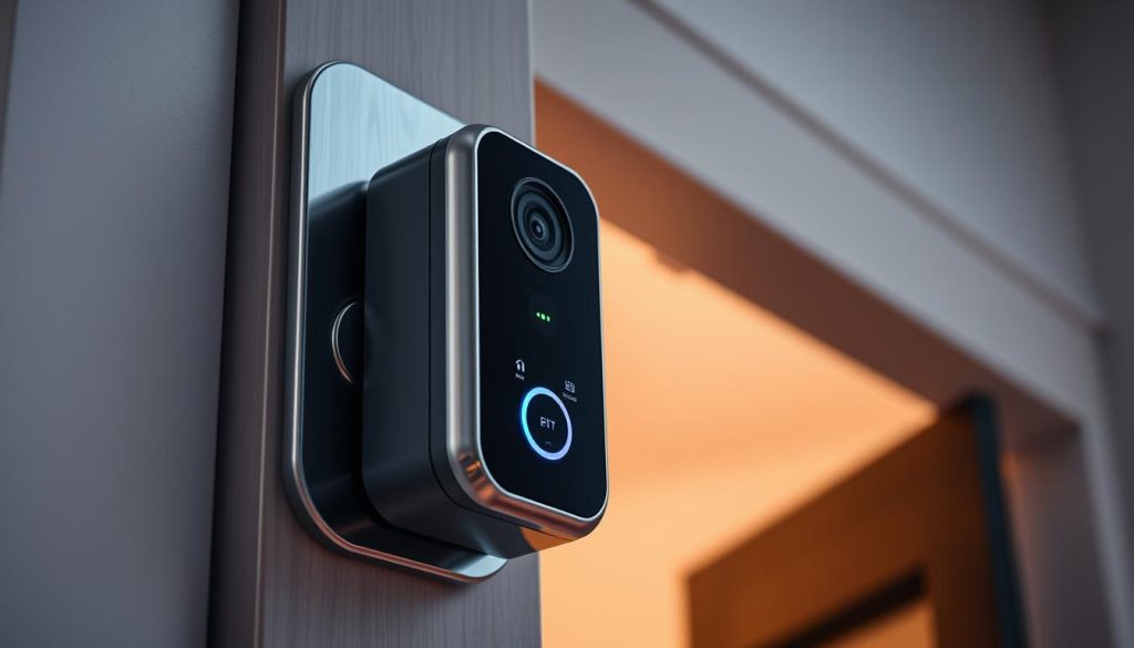 A sleek, modern smart doorbell with a robust, high-definition camera mounted on a polished, silver-toned frame. The camera features advanced motion detection and night vision capabilities, providing enhanced home security. The device is integrated with a compact control panel displaying real-time video feed and smart home connectivity options. Discreet LED indicators subtly illuminate the unit, radiating a sense of advanced technological integration. The doorbell is situated against a clean, minimalist backdrop, blending seamlessly with the architectural elements of the entryway. Soft, diffused lighting casts a warm glow, creating an atmosphere of welcoming sophistication and heightened vigilance.