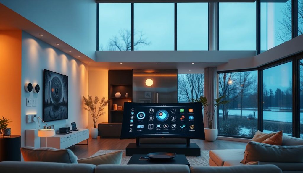 A sleek, modern smart home interior bathed in warm, diffused lighting. In the foreground, an array of interconnected devices seamlessly integrated - voice assistant, smart thermostat, lighting controls, security cameras. The middle ground showcases a large, curved touchscreen display acting as the central command hub, with glowing icons and visualizations. In the background, expansive windows reveal a serene, moonlit outdoor scene, reflecting the home's intelligent automation. An atmosphere of seamless, high-tech living, where every element works in harmony to create a sophisticated, future-forward environment.