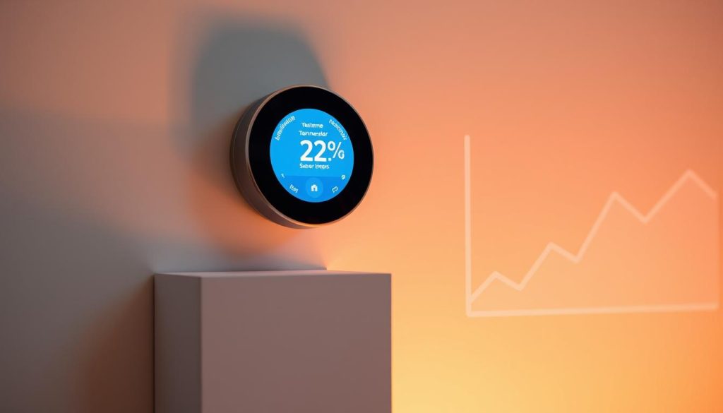 A sleek, modern smart thermostat sits atop a minimalist white wall, its display illuminated by warm, ambient lighting. The thermostat's digital interface showcases real-time energy usage metrics and cost-saving insights, creating a visual representation of the device's ability to optimize home temperature and reduce energy expenditure. In the background, a stylized graph depicts the thermostat's efficiency, highlighting the potential for substantial energy savings. The overall scene conveys a sense of technological sophistication and environmental consciousness, perfectly aligning with the topic of maximizing energy savings with smart home technology. A sleek, modern smart thermostat sits atop a minimalist white wall, its display illuminated by warm, ambient lighting. The thermostat's digital interface showcases real-time energy usage metrics and cost-saving insights, creating a visual representation of the device's ability to optimize home temperature and reduce energy expenditure. In the background, a stylized graph depicts the thermostat's efficiency, highlighting the potential for substantial energy savings. The overall scene conveys a sense of technological sophistication and environmental consciousness, perfectly aligning with the topic of maximizing energy savings with smart home technology.
