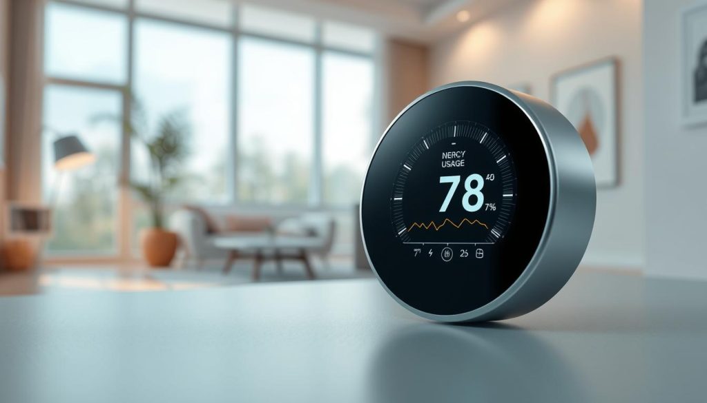A sleek, modern smart thermostat sits prominently in the foreground, its display showing a detailed graph of energy usage and temperature data over time. In the middle ground, thin sensor nodes and internet-connected devices are discreetly integrated into the home's walls and furnishings, seamlessly collecting environmental data. The background depicts a serene, minimalist interior with large windows letting in natural light, conveying a sense of technological innovation blending harmoniously with domestic comfort. The scene is rendered in a cool, subdued color palette with crisp, high-resolution details, evoking the precision and control of a connected smart home system. A sleek, modern smart thermostat sits prominently in the foreground, its display showing a detailed graph of energy usage and temperature data over time. In the middle ground, thin sensor nodes and internet-connected devices are discreetly integrated into the home's walls and furnishings, seamlessly collecting environmental data. The background depicts a serene, minimalist interior with large windows letting in natural light, conveying a sense of technological innovation blending harmoniously with domestic comfort. The scene is rendered in a cool, subdued color palette with crisp, high-resolution details, evoking the precision and control of a connected smart home system.