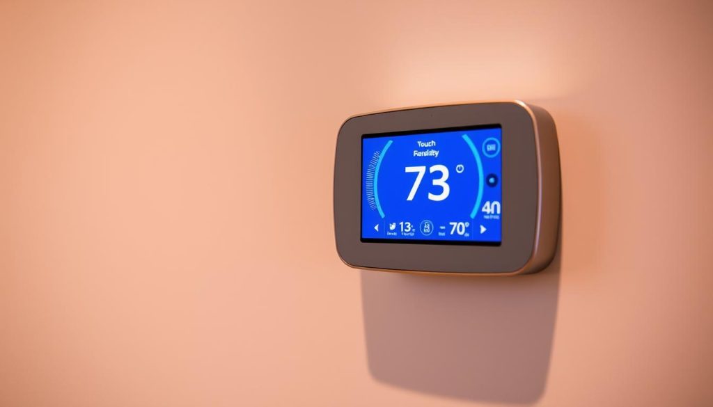 A sleek, modern smart thermostat with a large, backlit display panel showcasing intuitive touch controls and real-time temperature and humidity readings. The device is seamlessly integrated into a minimalist, white wall panel, with subtle LED indicators highlighting its connectivity and smart home integration capabilities. The overall scene is bathed in warm, indirect lighting, creating a cozy and inviting atmosphere that accentuates the technological sophistication of the thermostat. The image conveys a sense of efficiency, comfort, and seamless home automation. Smart Thermostats