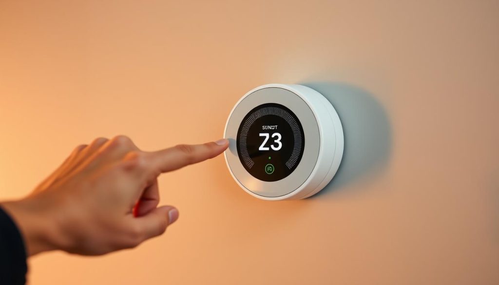 A sleek, white learning thermostat mounted on a minimalist gray wall. The device features a large, circular display with a simple, intuitive interface. Warm, diffused lighting casts a soft glow, highlighting the thermostat's clean lines and modern design. In the foreground, a hand confidently adjusts the temperature settings, demonstrating the thermostat's adaptive intelligence. The background is blurred, placing the focus on the thermostat's seamless integration into the contemporary, smart home environment. A sleek, white learning thermostat mounted on a minimalist gray wall. The device features a large, circular display with a simple, intuitive interface. Warm, diffused lighting casts a soft glow, highlighting the thermostat's clean lines and modern design. In the foreground, a hand confidently adjusts the temperature settings, demonstrating the thermostat's adaptive intelligence. The background is blurred, placing the focus on the thermostat's seamless integration into the contemporary, smart home environment.
