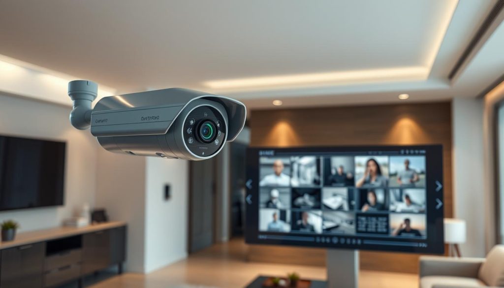 A state-of-the-art smart security camera with a sleek, discreet design hovers in the foreground, its multiple high-resolution lenses and infrared sensors capturing a 360-degree view of the scene. In the middle ground, a series of camera feeds are displayed on a futuristic touchscreen interface, showcasing advanced object and facial recognition capabilities. The background depicts a modern, minimalist smart home interior, with subtle ambient lighting and seamless integration of the security system. The overall atmosphere conveys a sense of cutting-edge technology, enhanced security, and the seamless convergence of physical and digital realms.