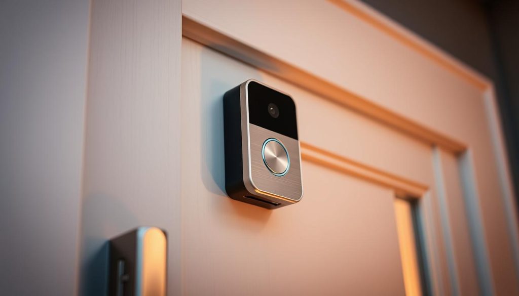 A well-lit, close-up shot of a satin nickel doorbell installed on a modern, light-colored front door. The doorbell's sleek, rectangular design features a large, illuminated button and a high-quality, brushed metal finish that reflects the warm light of the scene. The doorbell is mounted at eye level, seamlessly integrated into the door's surface, showcasing its minimalist, premium aesthetic. The door's trim and surrounding architecture provide a clean, architectural backdrop, highlighting the doorbell's elegant simplicity. Soft, directional lighting casts subtle shadows, emphasizing the depth and texture of the materials. The overall mood is one of modern, refined home security.