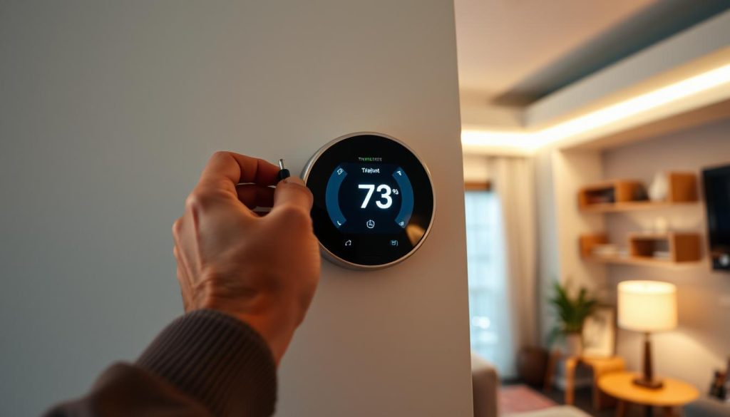 A well-lit, detailed scene of a homeowner installing a smart thermostat on the wall. The foreground shows the homeowner's hands carefully connecting wires to the thermostat's terminals. The middle ground displays the sleek, modern thermostat design with a large, high-resolution display. The background depicts the interior of a cozy living room, with neutral-toned walls, plush furniture, and ambient lighting, creating a warm and inviting atmosphere. The overall lighting is softly diffused, with a slight vignette effect to draw the viewer's attention to the central installation process. The angle is slightly elevated, providing a clear view of the step-by-step installation steps. A well-lit, detailed scene of a homeowner installing a smart thermostat on the wall. The foreground shows the homeowner's hands carefully connecting wires to the thermostat's terminals. The middle ground displays the sleek, modern thermostat design with a large, high-resolution display. The background depicts the interior of a cozy living room, with neutral-toned walls, plush furniture, and ambient lighting, creating a warm and inviting atmosphere. The overall lighting is softly diffused, with a slight vignette effect to draw the viewer's attention to the central installation process. The angle is slightly elevated, providing a clear view of the step-by-step installation steps.