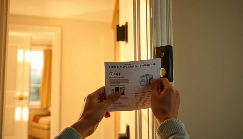 A well-lit home interior, showcasing the step-by-step installation process of a modern, sleek Ring Battery Doorbell Plus. The camera angle captures the doorway and adjacent wall, providing a detailed view of the doorbell's placement and wiring. Warm, natural lighting illuminates the scene, casting soft shadows that accentuate the product's elegant design. Hands carefully follow the instruction manual, demonstrating the intuitive setup. The background blurs softly, maintaining focus on the essential task at hand. Every step is visually engaging, guiding the viewer through the installation with clarity and precision.