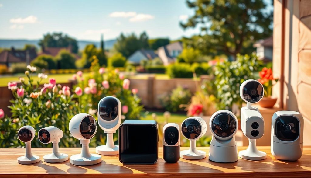 A well-lit outdoor scene showcasing an assortment of top-rated smart security cameras. In the foreground, a selection of sleek, modern camera designs in various colors and sizes, positioned on a minimalist wooden table or shelf. The middle ground features a lush, verdant garden with blooming flowers, hinting at the cameras' weatherproof and outdoor-ready capabilities. The background depicts a picturesque suburban landscape, with a clear blue sky and the silhouettes of houses or trees, conveying a sense of secure, peaceful home surveillance. The lighting is warm and natural, creating a welcoming, inviting atmosphere that highlights the cameras' premium aesthetic and advanced features.