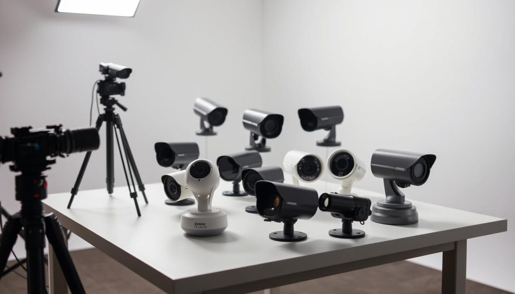 A well-lit studio setting with a professional camera tripod and a variety of security cameras arranged on a clean, minimalist table. The cameras are being actively tested, with various angles and perspectives captured. The lighting is bright and evenly distributed, creating a sense of clarity and attention to detail. The background is a neutral, seamless backdrop, allowing the focus to remain on the security cameras and the testing process. A sense of precision and methodical evaluation permeates the scene, reflecting the rigor of the product review.