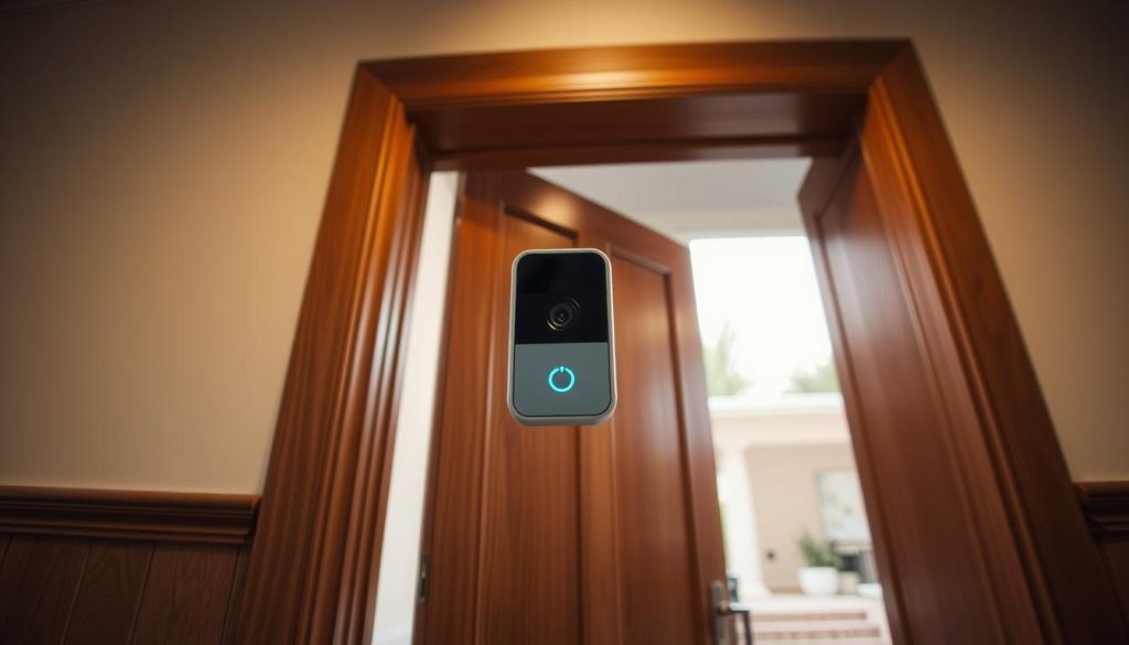 A wide-angle view of a modern, sleek video doorbell device, featuring an expanded field of vision and advanced camera capabilities. The device is mounted on a wood-paneled door frame, capturing a clear, high-resolution image of the entryway and surrounding area. Soft, warm lighting from above illuminates the scene, creating a welcoming atmosphere. The doorbell's crisp, minimalist design blends seamlessly with the home's architecture, exuding a sense of enhanced security and connectivity. The camera lens is positioned to offer a comprehensive view, allowing for easy monitoring and identification of visitors. The overall scene conveys the key features of the Ring Battery Doorbell Plus - an intelligent, visually appealing home security solution.