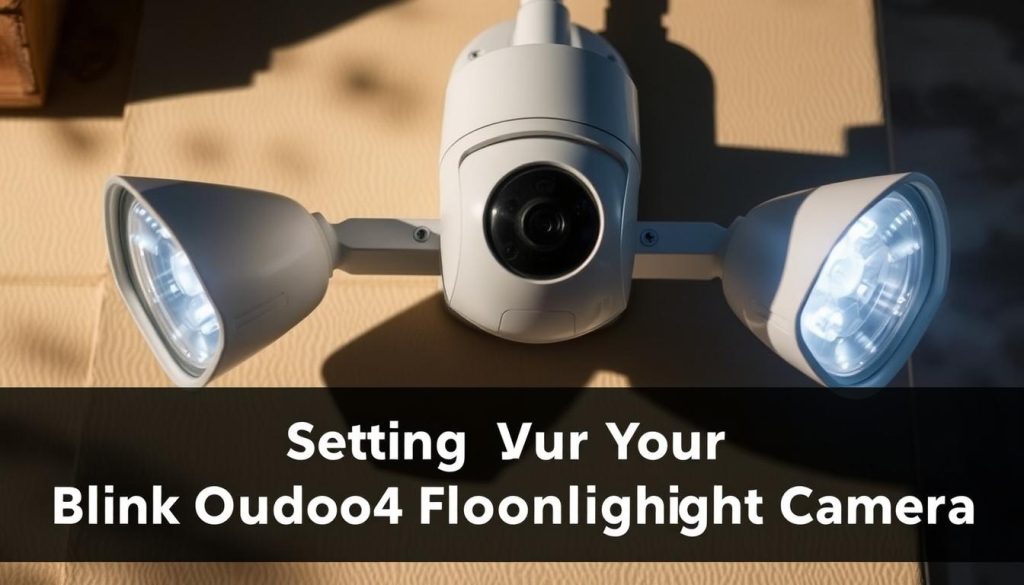 Blink Outdoor 4 Floodlight Cam installation, a sleek white security camera with four adjustable LED floodlights mounted on a sturdy metal frame. The camera's lens is positioned in the center, surrounded by four powerful lights that illuminate the area. The setup is mounted on a wall, capturing a wide-angle view of the outdoor space. Soft shadows cast by the lights create a warm, welcoming atmosphere, while the camera's discreet design blends seamlessly into the environment. The image showcases the Blink Outdoor 4 Floodlight Cam's versatility and ease of installation, reflecting the "Setting Up Your Blink Outdoor 4 Floodlight Camera" section of the article. Blink Outdoor 4 Floodlight Cam installation, a sleek white security camera with four adjustable LED floodlights mounted on a sturdy metal frame. The camera's lens is positioned in the center, surrounded by four powerful lights that illuminate the area. The setup is mounted on a wall, capturing a wide-angle view of the outdoor space. Soft shadows cast by the lights create a warm, welcoming atmosphere, while the camera's discreet design blends seamlessly into the environment. The image showcases the Blink Outdoor 4 Floodlight Cam's versatility and ease of installation, reflecting the "Setting Up Your Blink Outdoor 4 Floodlight Camera" section of the article.