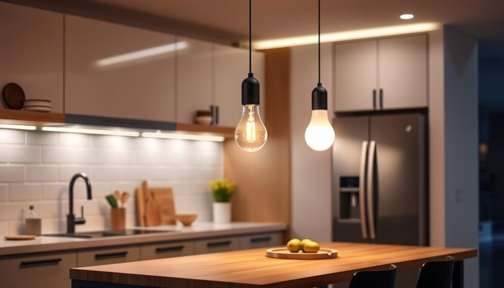Generate an image of AiDot Linkind Matter Smart Light Bulb installed in a kitchen.