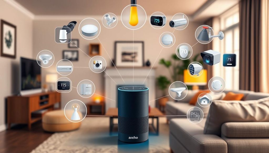 Generate an image of Amazon Echo Hub controlling various smart home devices.