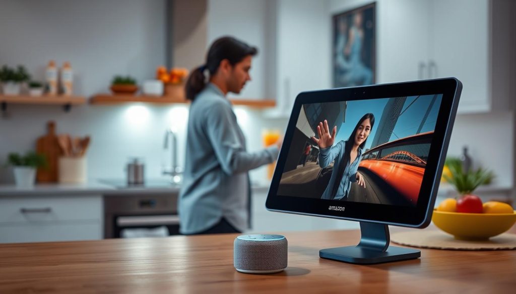 Generate an image of Amazon Echo Show10 rotating to follow a person in the kitchen.