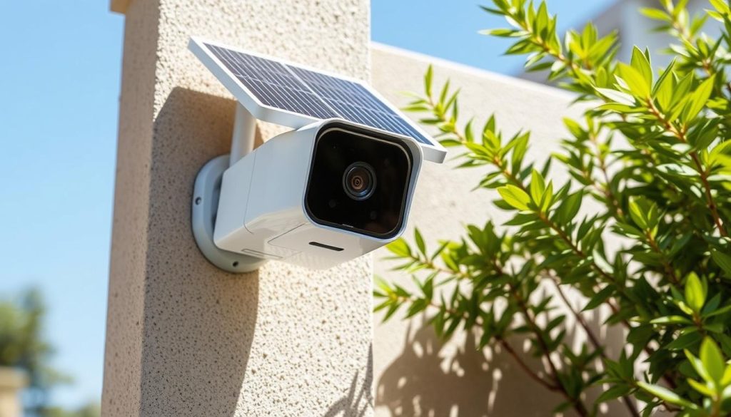 Generate an image of Eufy SoloCam S340 Wireless Outdoor Security Camera with a solar panel attached, mounted on a wall under direct sunlight.