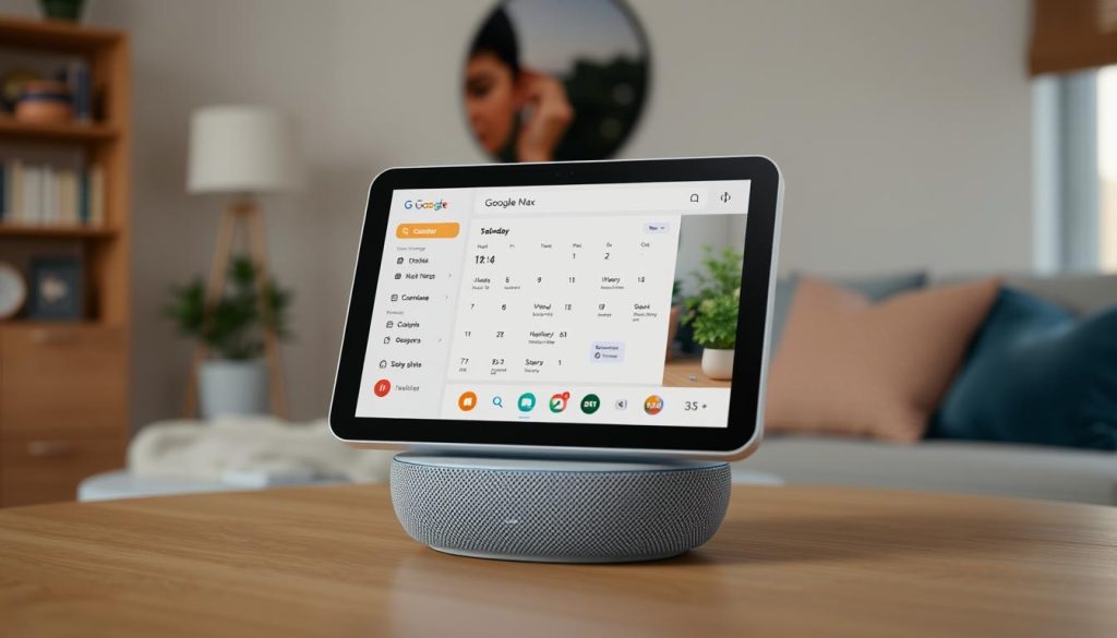 Generate an image of Google Nest Hub Max displaying a Google Calendar.