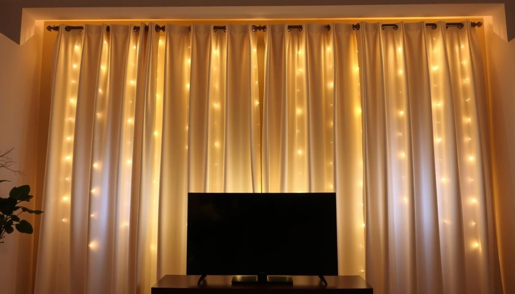 Generate an image of Govee Curtain Lights installed behind a TV for ambient lighting.