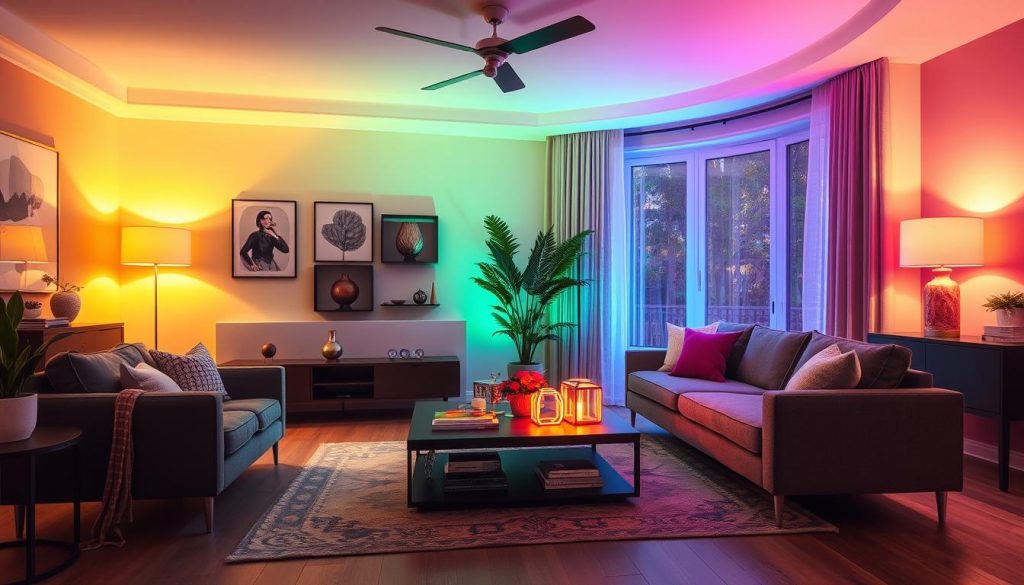 Generate an image of Philips Hue Color Ambiance smart bulbs in a living room setting.