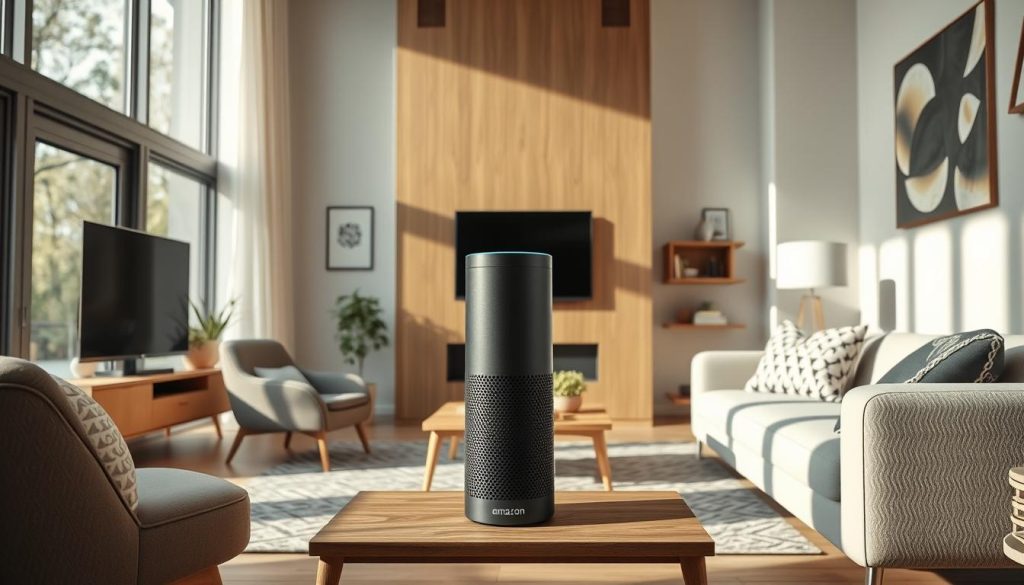 Generate an image of the Amazon Echo Studio smart speaker in a modern living room setting.