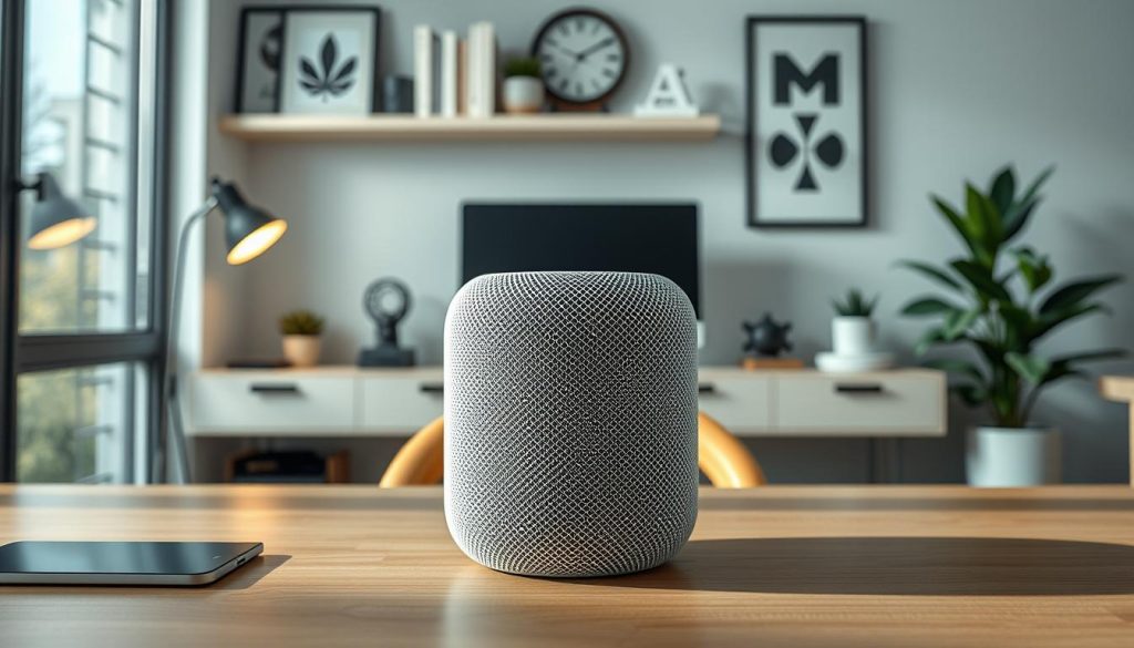 Generate an image of the Apple HomePod (2nd Generation) in a sleek, modern home office.