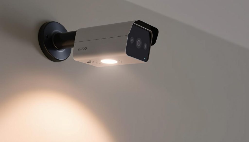 Generate an image of the Arlo Pro 5S 2K Spotlight Camera installed on a wall, with a spotlight shining down.