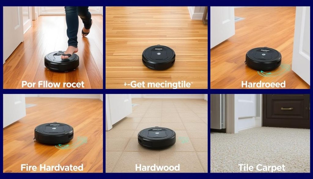 Generate an image of the Bissell SpinWave Wet and Dry Robotic Vacuum in action on different floor types.