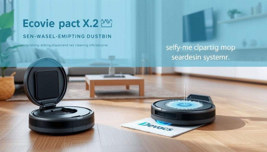 Generate an image of the Ecovacs Deebot X2 Omni robot vacuum with its self-emptying dustbin and self-cleaning mop system.