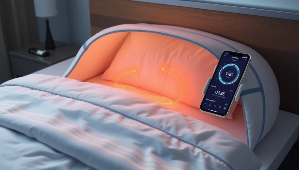 Generate an image of the Eight Sleep Pod Pro Cover, highlighting its temperature regulation feature and smartphone app control.