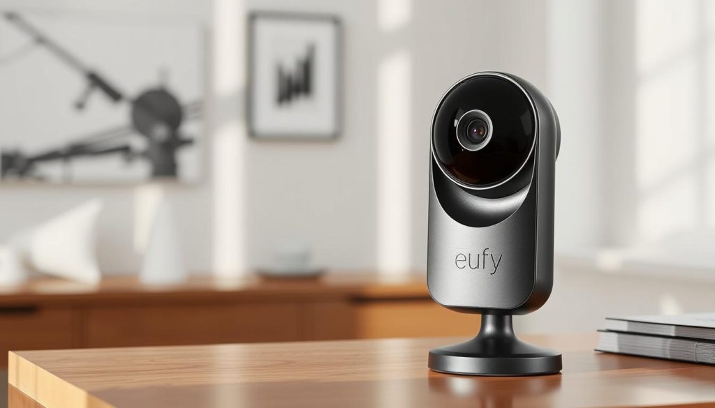 Generate an image of the Eufy S220 Indoor Cam on a table or shelf.