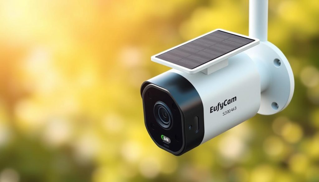 Generate an image of the EufyCam3 S330 4K Camera, showcasing its sleek design and built-in solar charging panels.