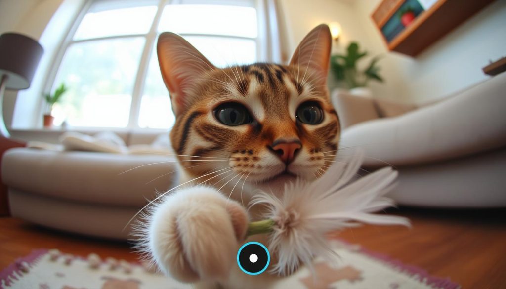 Generate an image of the Furbo360 Cat Camera with a curious cat playing with the feather toy.