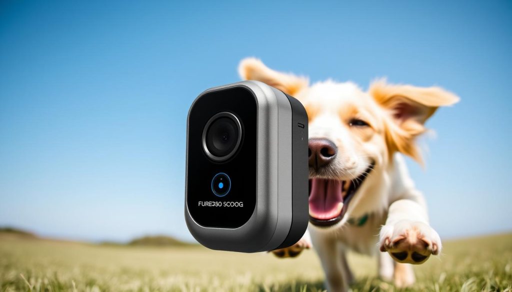 Generate an image of the Furbo360 Dog Camera with a happy dog in the background.
